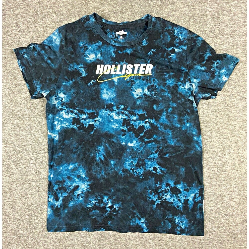 Hollister Men's M Logo T-Shirt Tie Dye Black/Blue Crew Neck Short Sleeve